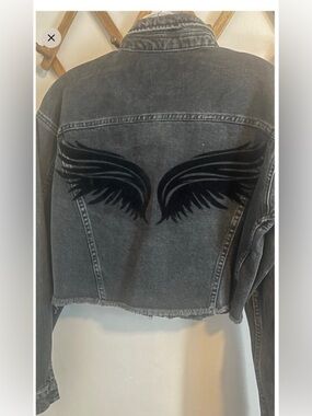 Reclaimed Vintage Cropped Denim Jacket Angel Wings Patches Black US 6